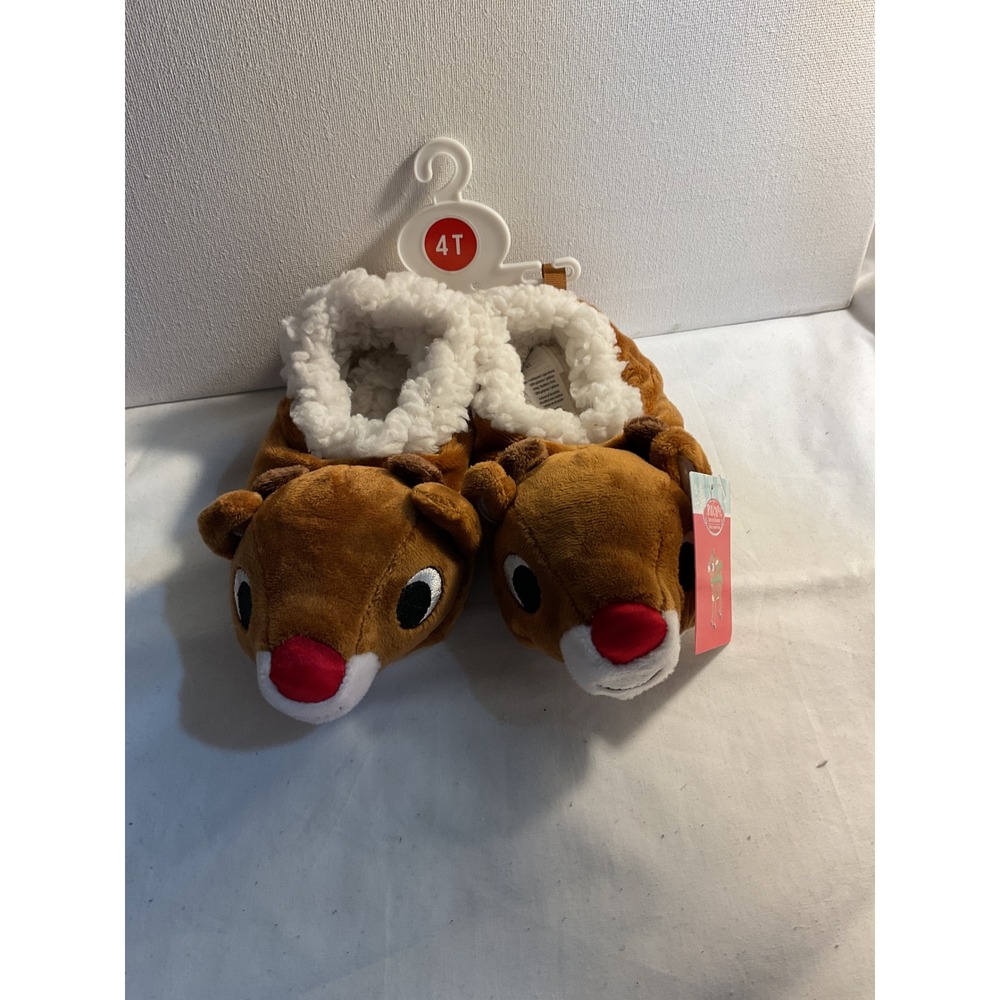 Rudolph Reindeer Slippers Plush Sherpa Lined Kids Toddler Shoes Brown Red 4T New